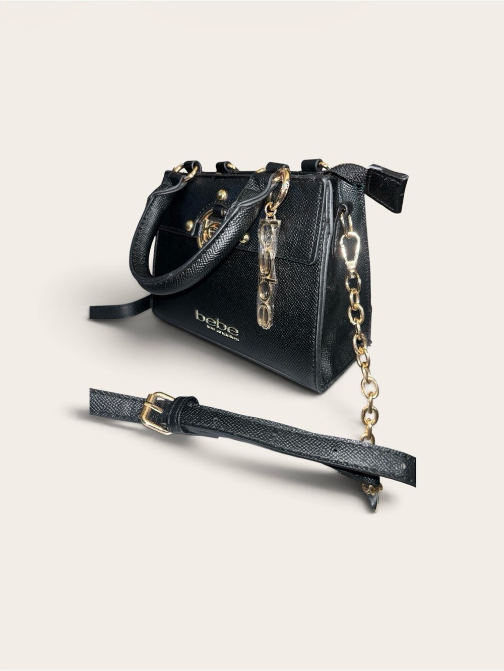 bebe Black Saffiano Satchel with Gold Chain Trim
